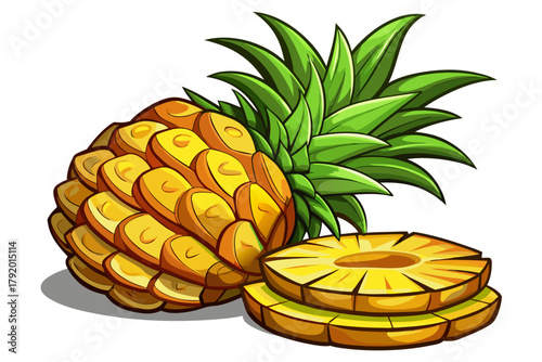 Ripe pineapple sliced vertically showing golden texture and crown leaves isolated on white background