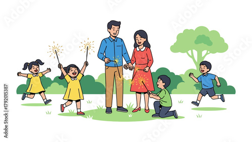 Sparkler's Serenade: A harmonious family portrait captured during a festive outdoor celebration. Joyful family members come together to ignite the magical sparklers in unison.
