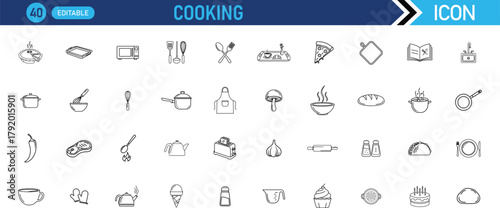 Cooking icon set. Including Chef, Recipe, Kitchen, Utensils, Ingredients, Bake, Cook, Pan, Spice, Meal. vector illustration