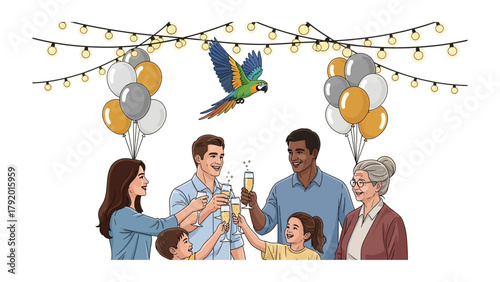 Celebration of Family Moments: Illustrative scene of a family raising glasses for a celebratory toast beneath a string of lights, accompanied by balloons and a vibrant parrot.