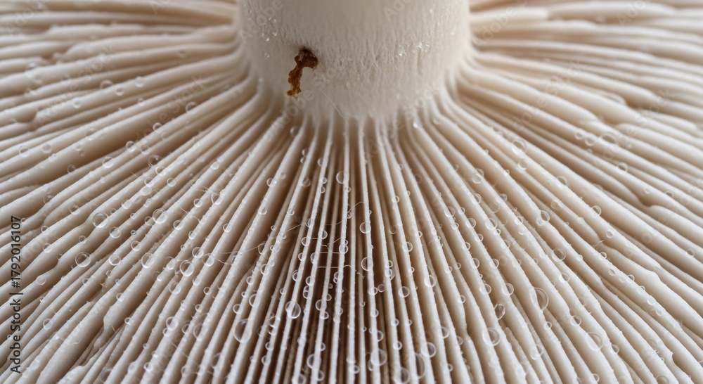 Obraz premium Close up of the gills of a mushroom with water droplets on it