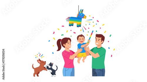 Fiesta Family: A joyful scene of a family, accompanied by their pets, celebrating a traditional piñata game filled with vibrant colors and delightful surprises. 