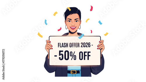 Flash Offer Announcement: A stylish individual showcases a sign with the enticing 'Flash Offer 2026 - 50% Off,' conveying the essence of a remarkable deal.