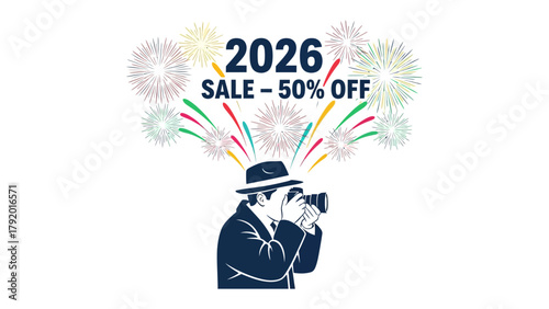 2026 Sale: A professional is ready to capture the upcoming discount with fireworks display above the head, perfect for illustrating the concept of time-limited promotions or celebratory events.