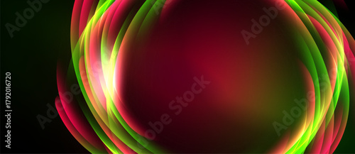 Abstract swirls, vibrant colors dominate. Red, green hues blend, creating dynamic visual effect. Dark background emphasizes luminosity.