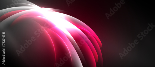 Abstract design features curved shapes, vibrant pinks, whites. Light radiates from central point, creating dynamic visual effect. Dark background emphasizes forms.