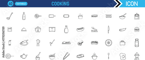 Cooking icon set. Including Chef, Recipe, Kitchen, Utensils, Ingredients, Bake, Cook, Pan, Spice, Meal. vector illustration