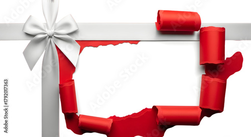 A white satin ribbon with a bow is tied around a torn opening of red paper, revealing a white space for text or design, isolated on transparent background