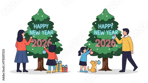 Joyous New Year 2026: A warm family is shown together and setting the stage for 2026, adorning Christmas trees and embracing the spirit of the new year with a blend of tradition, togetherness.