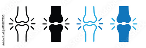 Knee joint pain icon set: arthritis, inflammation, or injury symbols in different styles. isolated on white background