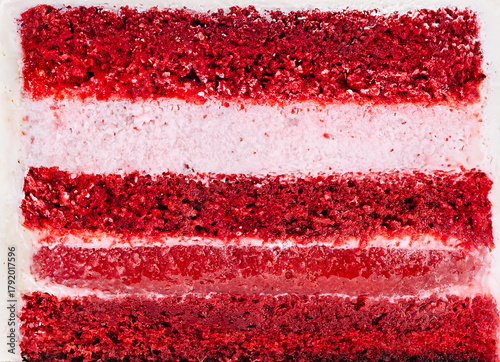 Layers of delicious red velvet cake with cream filling ready to be served