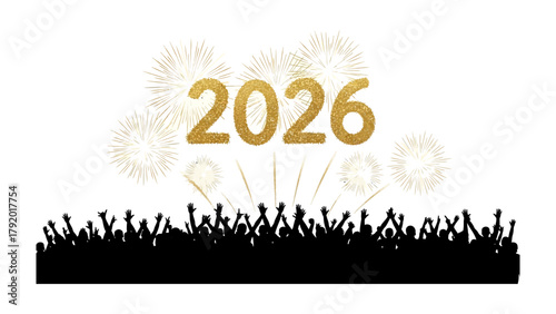 New Year's Eve 2026 Celebration: A vibrant silhouette of revelers celebrates the arrival of 2026 against a backdrop of dazzling fireworks. It's a symbolic scene of hope and anticipation.