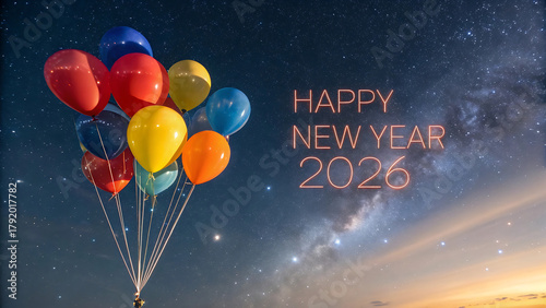 Colorful balloons floating against a starry night sky for 2026