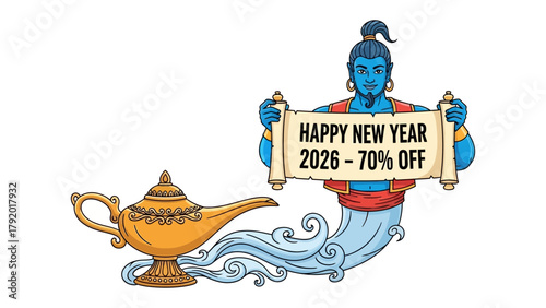 Wishing You a Prosperous 2026: An illustration of a genie emerges from a magical lamp, bearing a scroll with a festive greeting.