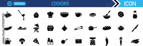 Cooking icon set. Including Chef, Recipe, Kitchen, Utensils, Ingredients, Bake, Cook, Pan, Spice, Meal. vector illustration