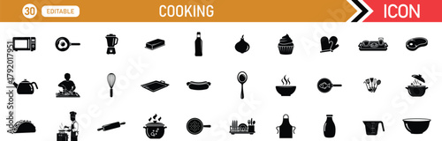 Cooking icon set. Including Chef, Recipe, Kitchen, Utensils, Ingredients, Bake, Cook, Pan, Spice, Meal. vector illustration