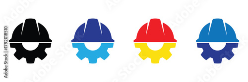 Construction industry safety hard hat and gear vector icon set with various color options isolated on white background