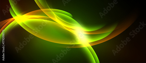 Abstract swirls, vibrant colors blend. Green dominates, accented by yellow, orange hues. Dynamic energy radiates from central glow.