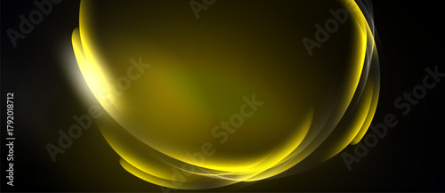 Golden abstract shapes overlap, creating luminous curves against dark background. Soft glow emanates from layered forms.