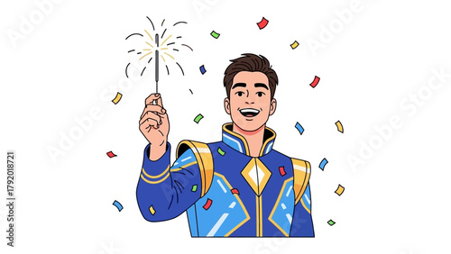 Fotografija Celebration with Sparkler: A cheerful figure, dressed in vibrant attire, joyfully holds a sparkling wand amidst a cascade of colorful confetti, embodying happiness and festivity