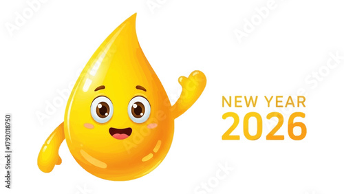 Animated Drop of Oil for New Year: A cute, animated drop of oil waves with a smile, extending a warm greeting for the upcoming year 2026.