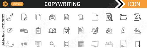 Copywriting icon set. Including Headline, Persuade, Advertise, Slogan, Content, SEO, Brand, Call-to-action, Engage, Convert. vector illustration