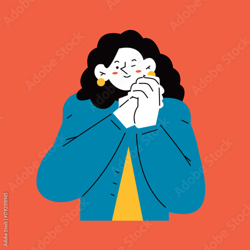 Shy Woman with Clasped Hands Illustration. Positive emotions. Female upper body.
