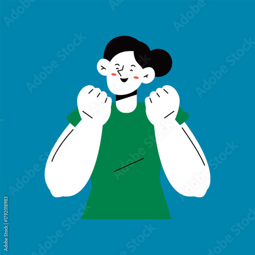 Happy Person Celebrating Success with Fists Clenched. Positive emotions. Female upper body.