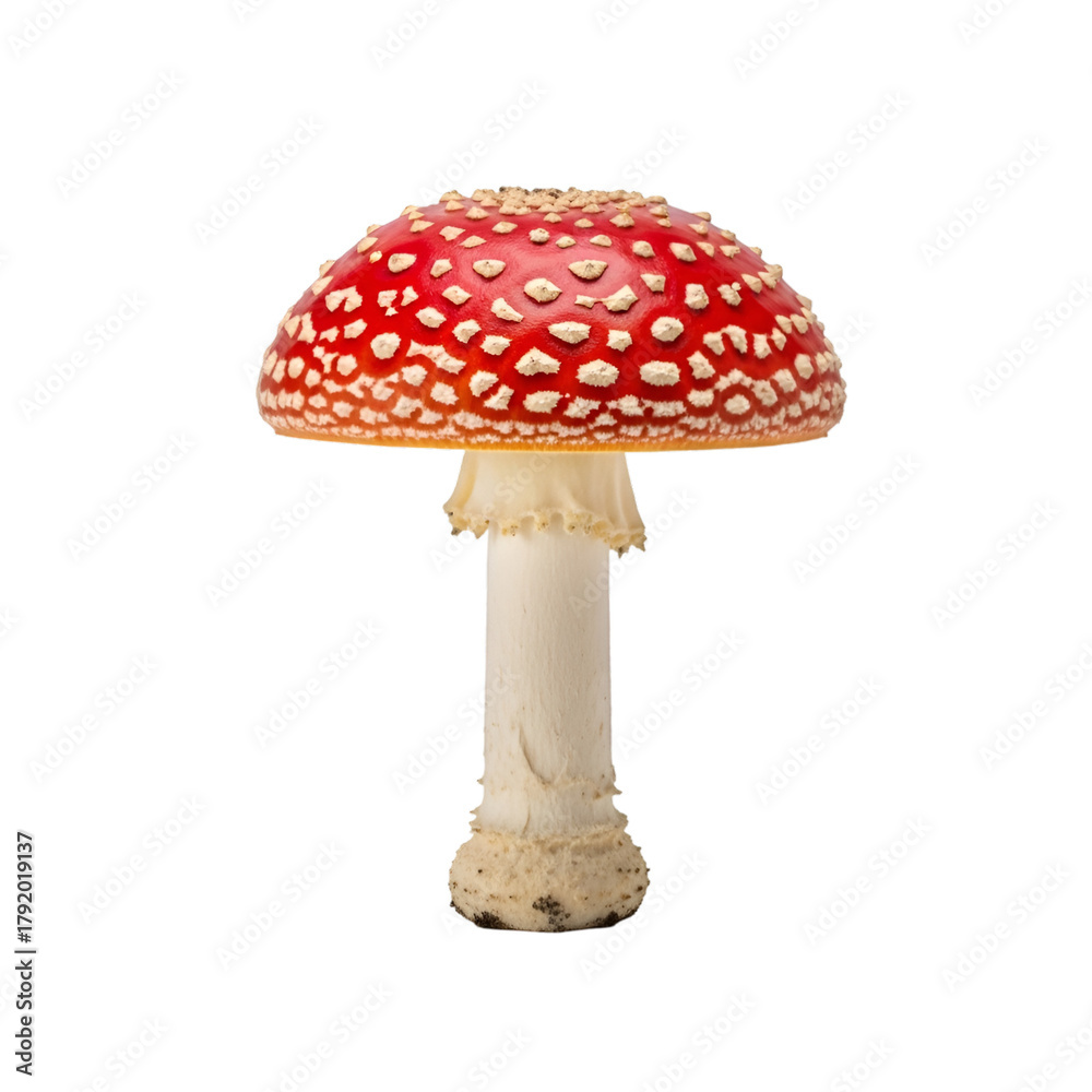 Obraz premium Vibrant red and white spotted mushroom, a striking natural specimen ready for educational and design projects.