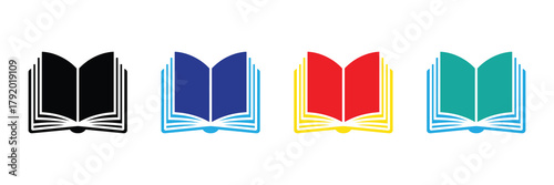Open book icon set in various colors: knowledge, education, learning, library symbol isolated on white background