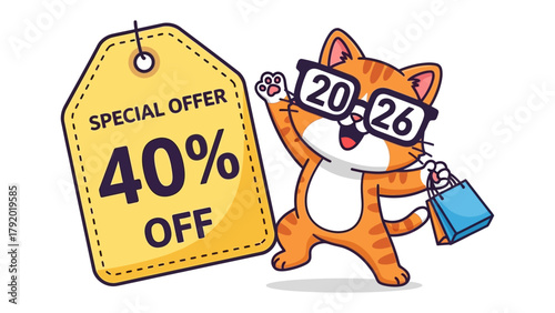 Savings Surprise: A cheerful feline heralds an irresistible 40% OFF deal, flaunting a shopping bag. It's the perfect offer for everyone!