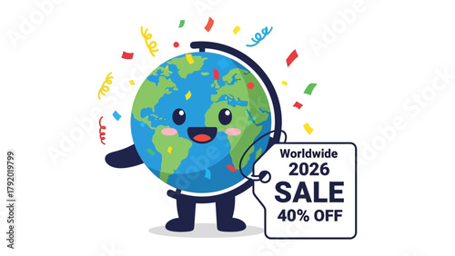 Global Sale Extravaganza: An animated globe, radiating cheerfulness, joyfully announces a worldwide sale with vibrant confetti showering around.