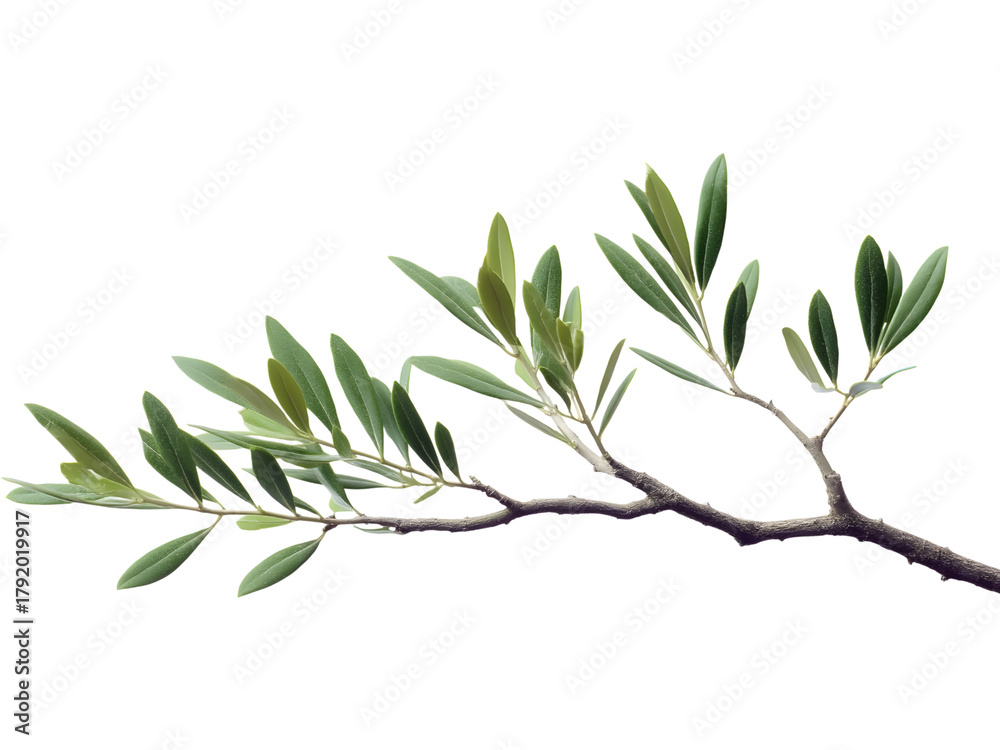 Fototapeta premium Olive branch with green leaves isolated on transparent background, perfect for organic, nature, and design visuals..