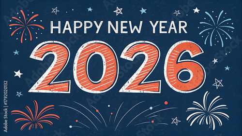 Happy new year 2026 greeting card with fireworks and stars