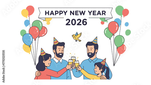 New Year Celebration 2026: A cheerful illustration of a family toasting to a new year, surrounded by colorful balloons and celebratory decorations, perfectly capturing the spirit of the upcoming year.