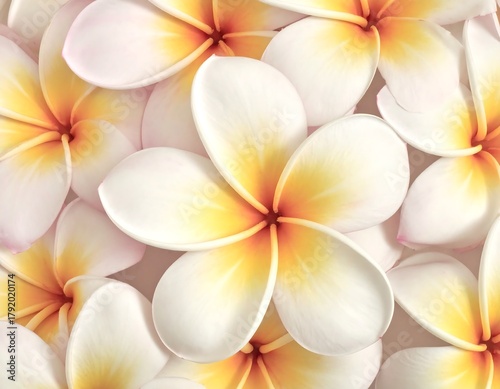 Close-up of delicate flowers with white petals and a yellow center, overlapping to fill the frame, creating a soft, romantic pattern