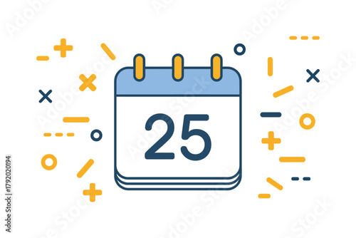 A digital calendar illustration displays the number 25 surrounded by celebratory confetti and abstract shapes, representing a specific date or event.