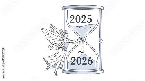 Enchanting Time: A fairy playfully interacts with an hourglass, symbolizing the passage of time and the shift between 2025 and 2026, inviting reflection and anticipation.