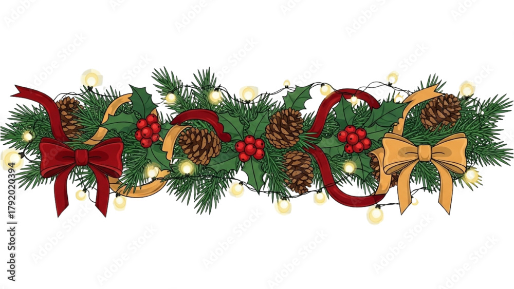 Fototapeta premium Festive Holiday Garland with Lights, Berries and Bows