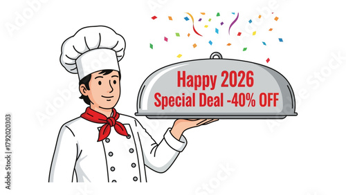 Culinary Special Offering: A cartoon chef presents a serving platter with festive celebratory message.