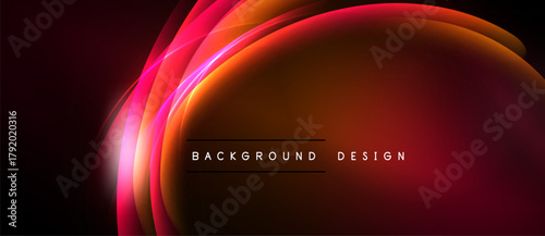 Abstract design features flowing curves, vibrant reds, oranges. Dark background emphasizes luminous shapes, creating dynamic visual effect.