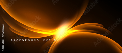 Abstract orange design. Bright central glow radiates outward with curved shapes. Dark background emphasizes luminosity, creating dynamic visual effect.