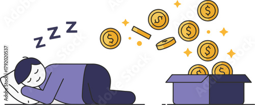 Vector illustration of passive income a person sleeps peacefully as golden coins fall into a box, symbolizing effortless wealth accumulation and financial growth