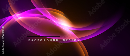 Abstract flowing lines, vibrant purple, orange hues. Dark background creates dramatic visual effect. Modern design element.