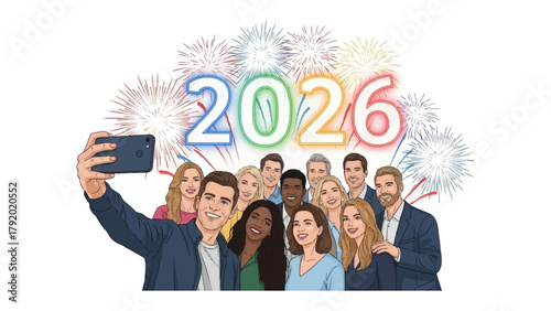 New Year's Selfie Celebration: a group of diverse people smiles together, capturing the joyous occasion. A radiant display of fireworks backdrops a collective embrace of the future.