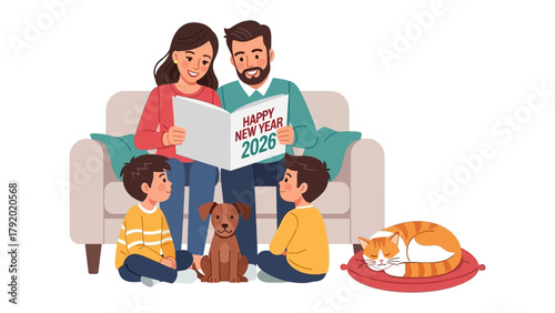 Family's New Year Story: A family celebrates the new year, cuddling up on a sofa, reading a happy new year book with their dog and cat. A warm and cheerful home scene, full of love and togetherness