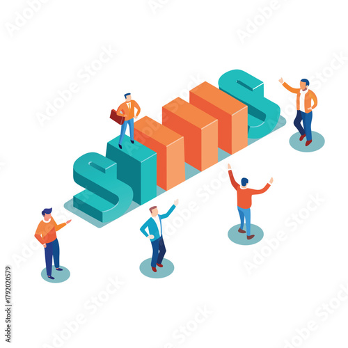 Three dimensional isometric illustration of a diverse team collaboratively lifting the word success to new heights symbolizing achievement and teamwork