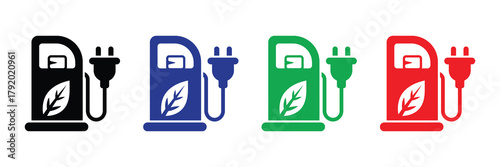 Electric vehicle charging station icons with green leaf symbol, eco-friendly energy solution isolated on white background
