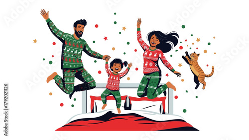 Holiday Cheer and Family Joy: A lively family jumps for joy on a decorated bed, creating a scene of holiday warmth, love, and togetherness.