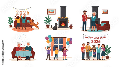 New Year Celebration: A vibrant illustration showcasing multiple scenes of festive gatherings, friends and family share joyous moments, decorated with the year 2026. 